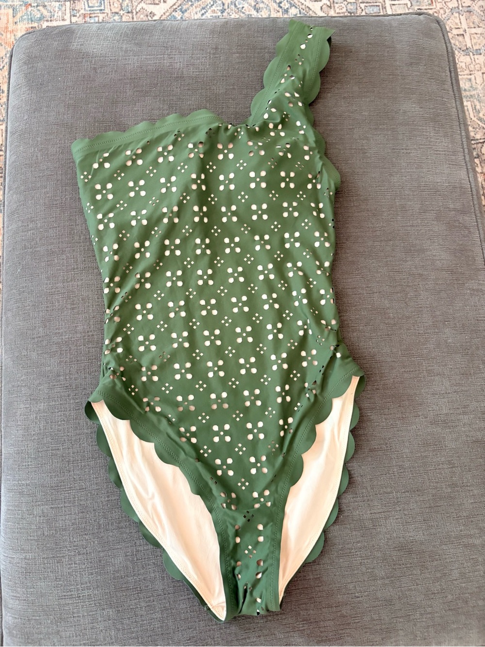 J. Crew Green One-Shoulder Scalloped Eyelet One-Piece Swimsuit - Picture 3 of 5
